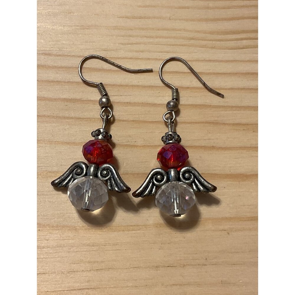 Angel Wing Beaded Dangle Earrings - Red & Clear Crystals - 1.5" Length